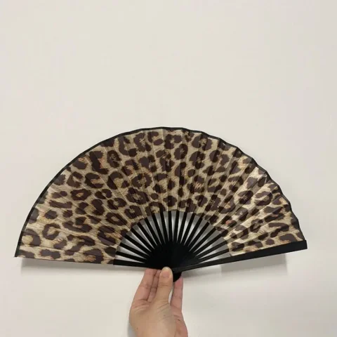 Abanico Plegable Duradero con Estampado de Leopardo y Marco Negro, Elegante Abanico de Danza Clásica, Abanico de Mano Grande y Ligero, Regalos para Mujeres 3