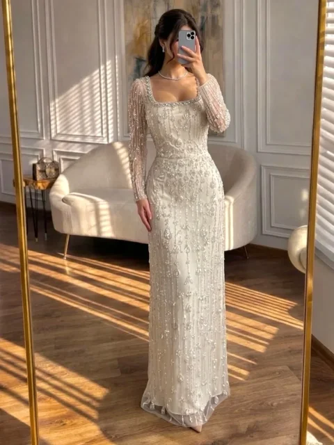 Vestido de Noche Europeo Elegante Aileen, Personalizado, Color Marfil, Tul, Corte Recto, Largo hasta el Suelo, con Lentejuelas, Vestidos de Noche
