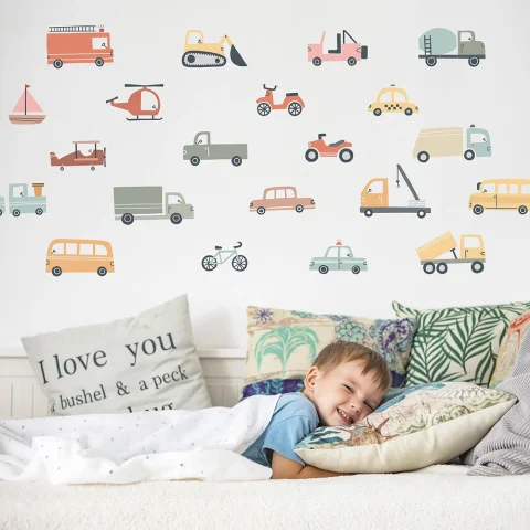 Coches de dibujos animados, camión, construcción, pegatina de pared para habitación de niños, vehículo para guardería, pegatina de pared de transporte para niños, decoración del hogar para dormitorio 2