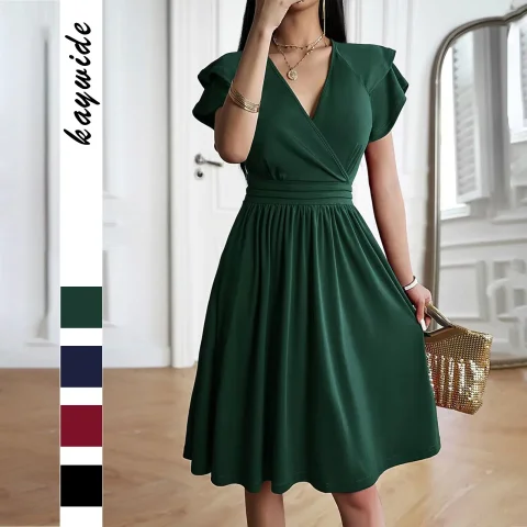 Elegante Vestido de Noche con Cuello en V y Corte en A, Vestidos Midi Largos Formales para Mujer, Vestidos de Fiesta Fluidos y Ajustados
