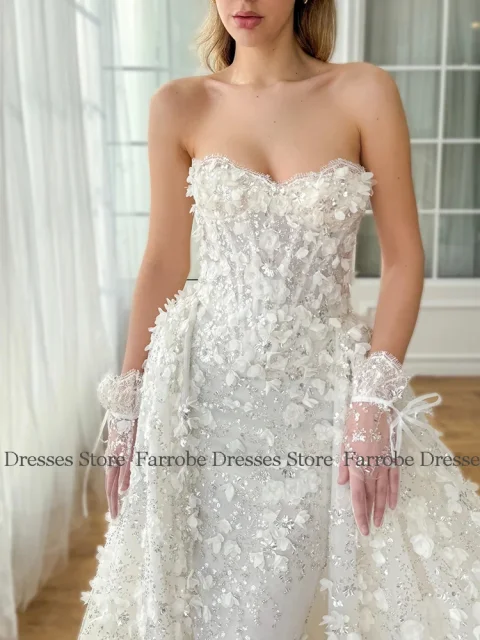 Vestidos elegantes para mujer para fiesta de noche, vestido de fiesta de encaje/columna, vestido largo de cumpleaños desmontable con escote en forma de corazón de marfil 4