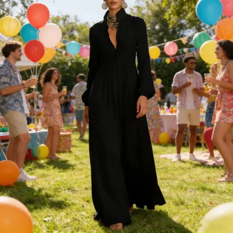 Elegante Vestido Largo de Mujer con Cintura Alta y Pliegues, Estilo Francés, para Primavera y Otoño, con Bolsillos, Manga Larga y Botones, Ideal para la Noche 3