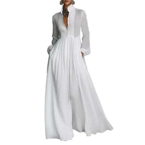 Elegante Vestido Largo de Mujer con Cintura Alta y Pliegues, Estilo Francés, para Primavera y Otoño, con Bolsillos, Manga Larga y Botones, Ideal para la Noche 5