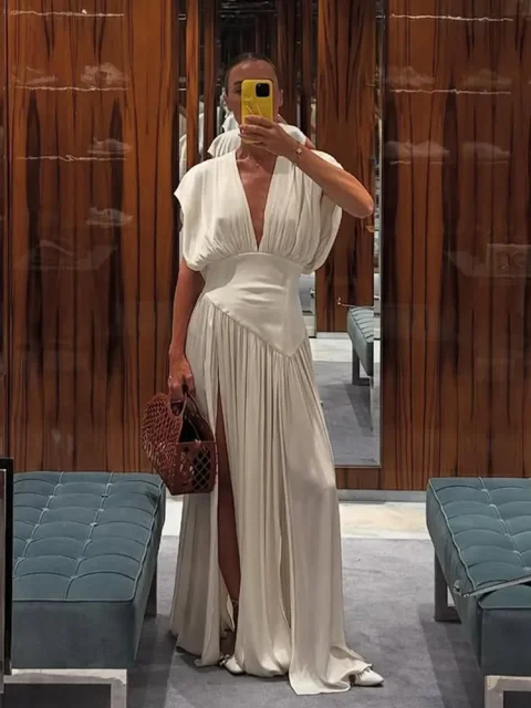 Elegante Vestido Maxi Plisado con Abertura para Mujer, Blanco, Asimétrico, con Cuello en V Profundo, Vestidos Ajustados a la Cintura, Nueva Moda de Verano, Vestido de Noche 3