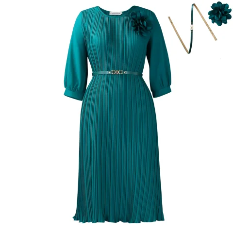 Vestidos Elegantes Plisados para Mujer, Nuevo Estilo 2026, Cuello Redondo, Manga Larga, Decoración Floral, Cinturón, Corte Holgado, Largo a Media Pantorrilla, Vestido de Moda 3