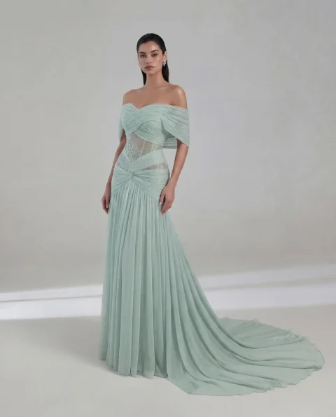 Elegante Vestido de Noche de Gasa con Cola Exquisita, Vestidos de Fiesta de Moda con Hombros Descubiertos, Vestidos Personalizados para Ocasiones Especiales