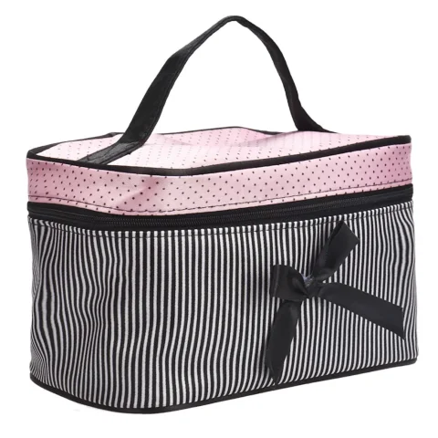 Bolsas de maquillaje a rayas con lazo para mujer, neceser de viaje para chica, sujetador de belleza, organizador de aseo, Kit de almacenamiento, estuche de baño 4