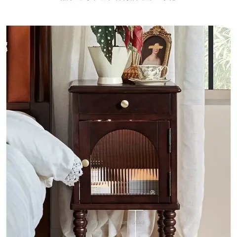 Mesita de Noche de Madera Maciza para Dormitorio, Mueble de Almacenamiento de Lujo Ligero con Cajones, Mueble Decorativo de Estilo Vintage para el Hogar 4