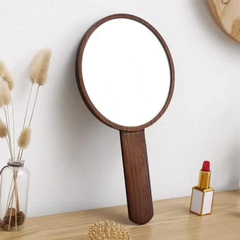 Espejo de mano de madera Natural, marco HD, salón de peluquería, espejo liso, estilo Retro, salón cosmético, espejo de mano para maquillaje 1