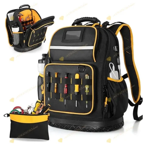Mochila de herramientas de tela Oxford con base rígida y múltiples bolsillos.