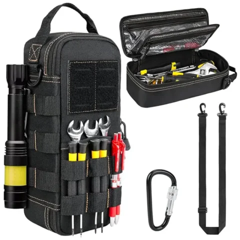 Bolsa de Herramientas Resistente, Organizador de Herramientas Táctico, Bolsa Portátil Práctica con Múltiples Bolsillos, Mosquetón y Cordón Retráctil