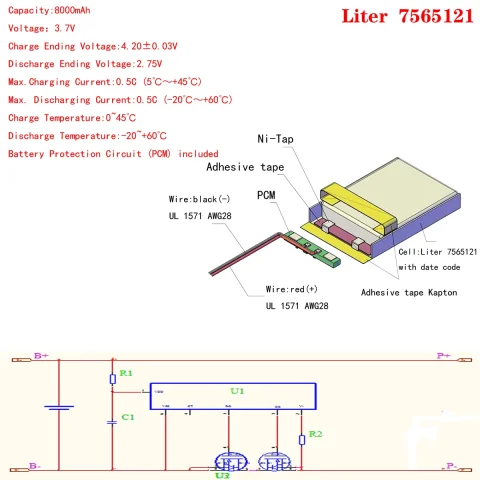 Batería de Iones de Litio/Li-ion de Polímero de Buena Calidad, 3.7V, 8000mAh, 7565121 para Juguetes, Banco de Energía, GPS 4