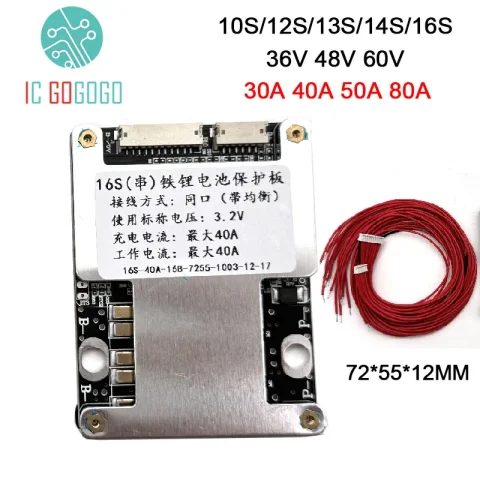 30A 40A 50A 80A 12S 13S 14S 16S 17S 36V 48V 60V Placa de Protección de Batería de Litio Lifepo4 Li-ion con Balance BMS 3.7V 3.2V Energía
