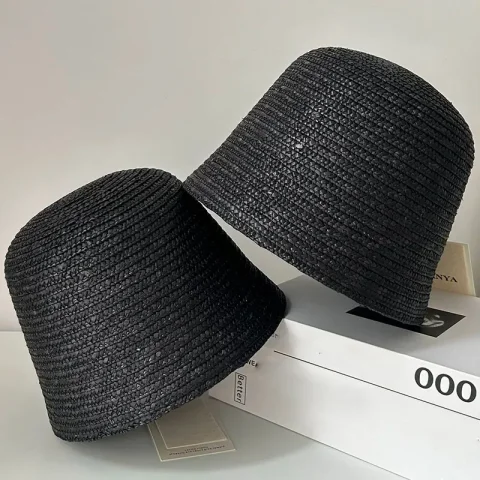 Harajuku moda verano hecho a mano mujeres sombrero de paja negro sombrero con forma de lámpara sombrero Casual playa sombrero para el sol escenario sombreros de lujo sombrero personalizado 4