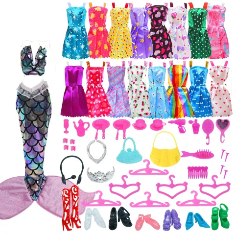 Accesorios para muñecas al azar, 53 Uds., 1 vestido de cola de sirena, 10 Mini vestidos, 42 accesorios, bolsos, perchas, zapatos, ropa, muñeca