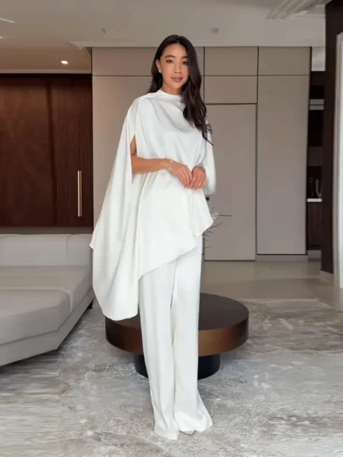 Conjuntos de Pantalones para Mujer, Cuello Redondo Sólido, Tops Asimétricos Oversize, Pantalones de Pierna Ancha con Cintura Elástica, Nuevos Conjuntos de Moda para Oficina
