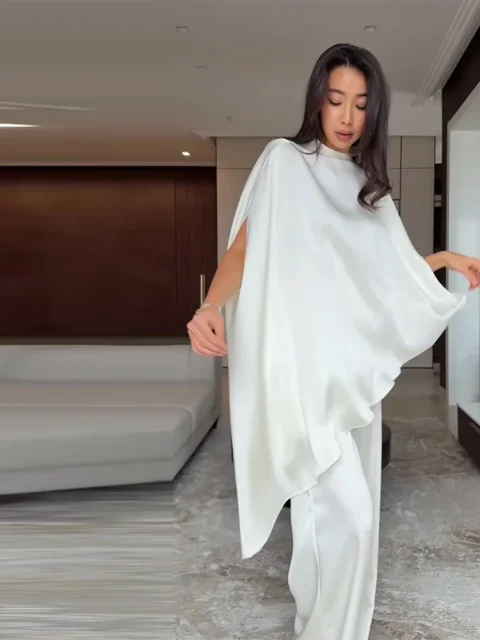 Conjuntos de Pantalones para Mujer, Cuello Redondo Sólido, Tops Asimétricos Oversize, Pantalones de Pierna Ancha con Cintura Elástica, Nuevos Conjuntos de Moda para Oficina 5