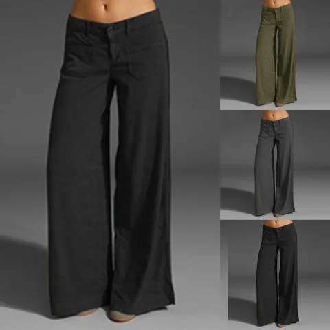 Pantalones de pierna ancha elegantes para mujer, pantalones Retro holgados con bolsillo adelgazante y costuras, pantalones de Color sólido, ropa de mujer Ж Javaliе брюки 4