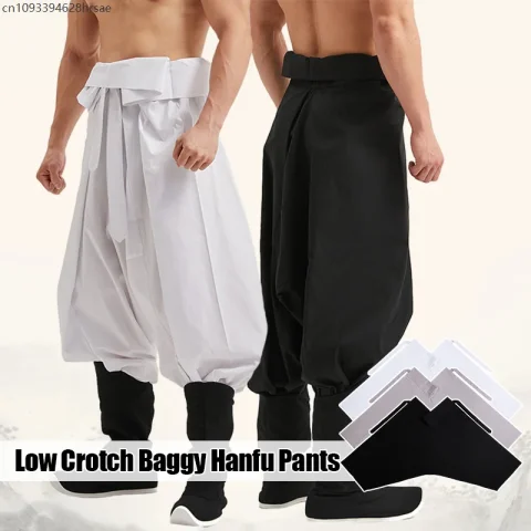 Pantalones holgados Hanfu con entrepierna baja para hombre, pantalones bombachos góticos Punk con cinturón, pantalones holgados tradicionales chinos de la dinastía Ming