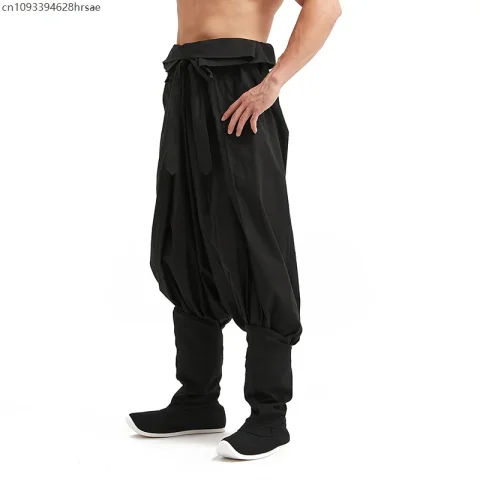 Pantalones holgados Hanfu con entrepierna baja para hombre, pantalones bombachos góticos Punk con cinturón, pantalones holgados tradicionales chinos de la dinastía Ming 4