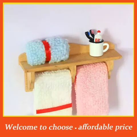 1 Juego de toallero nuevo para casa de muñecas 1/12, accesorios para muñecas, modelo de escena, juguetes, mini estante para cosméticos, muebles de madera en miniatura, kit de baño 1