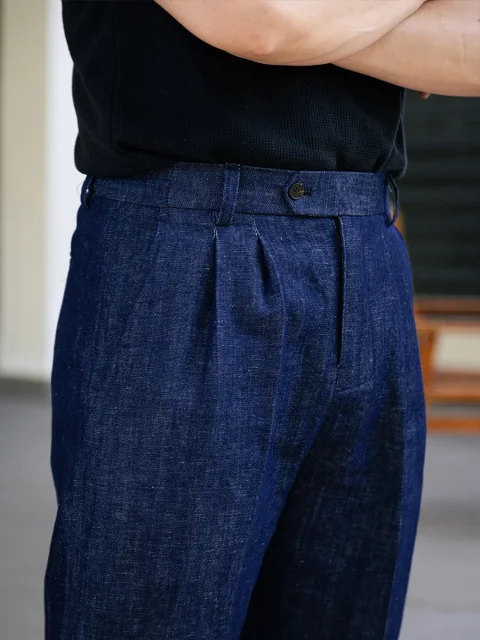 Pantalones Casuales Estilo Italiano para Hombre con Cintura Elástica | Algodón-Lino Azul Denim Lavado | Corte Recto Personalizable