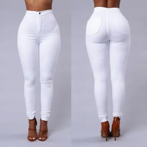Pantalones ajustados para mujer, pantalones de color liso, mezcla de algodón elástica flexible, pantalones informales de cintura alta para oficina y calle 5