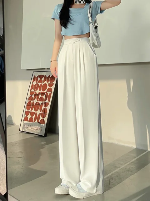 Pantalones anchos de oficina para mujer, Pantalones rectos apilados blancos de cintura alta con bolsillos, pantalones clásicos de doble botón, 2023