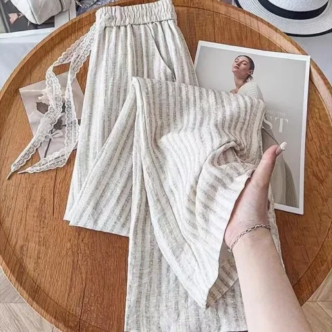 Pantalones de verano para mujer, pantalones finos de algodón y lino transpirables a rayas, pantalones de pierna ancha, pantalones ligeros con cordón de encaje, pantalones bohemios nuevos