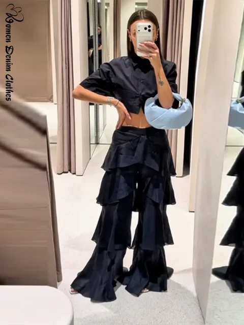 Pantalones de Mujer Elegantes con Volantes, Color Azul Marino, Cintura Alta, Pierna Ancha, Estilo Holgado, Moda Verano-Otoño 2026, Novedad