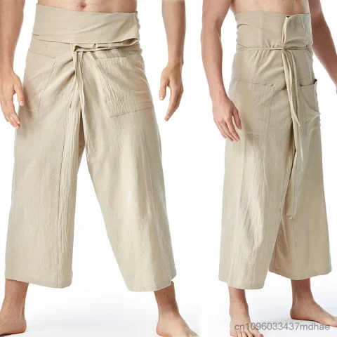 Pantalones de Artes Marciales de Color Sólido, Cintura Alta, Pierna Ancha, Estilo Pirata, Casuales, para Cosplay, Pantalones de Pescador para Hombre 1