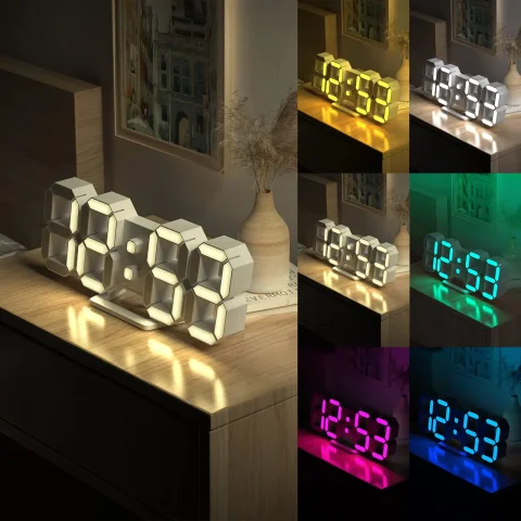 Reloj digital LED 3D Pantalla de hora 12/24H Reloj colorido para oficina/sala de estar/sala de reuniones/cocina