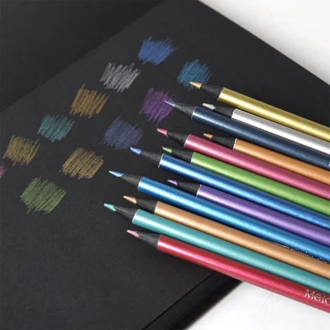 Lápices de colores metálicos de 12 colores, juego de bocetos de madera negra, lápices de colores, suministros de arte DIY, suministros profesionales para colorear 4