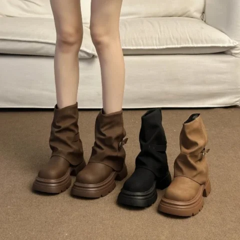 Botas de Mujer con Suela Gruesa, Estilo Británico, Otoño Invierno, Botines Cortos, Color Marrón, Estilo Sirena, para Uso Diario, Punta Redonda, Novedad 2026