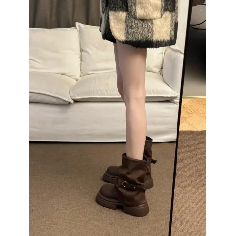 Botas de Mujer con Suela Gruesa, Estilo Británico, Otoño Invierno, Botines Cortos, Color Marrón, Estilo Sirena, para Uso Diario, Punta Redonda, Novedad 2026