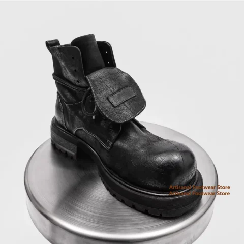 Botas de hombre con punta redonda grande, botas altas Retro negras con cordones, suela gruesa, botas de moto con aumento de altura, zapatos Derby de moda