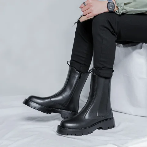 Nuevo diseño, botas de cuero negro, botas de plataforma para hombre, botas básicas de estilo británico para hombre, zapatos altos de invierno con cremallera, botas para hombre 5