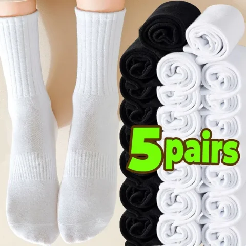 1/5 pares de calcetines deportivos de algodón puro media pantorrilla medias blancas y negras calcetines atléticos suaves y transpirables medias sólidas suaves y cómodas