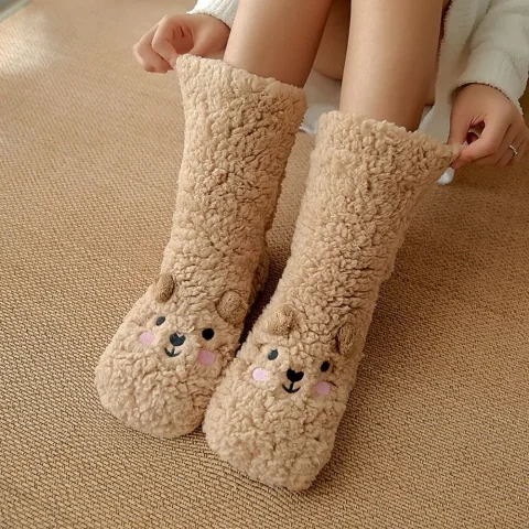 Calcetines para dormir bordados, calcetines de invierno para el suelo, calcetines térmicos gruesos antideslizantes de dibujos animados, calcetines con gráficos de animales de tubo medio para invierno, regalos 1