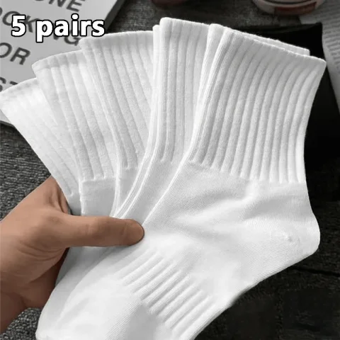 5 pares de calcetines de longitud media para hombre de otoño e invierno, calcetines deportivos blancos antiolor, absorbentes del sudor y transpirables