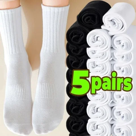 Calcetines deportivos masculinos y femeninos 2025, calcetines informales elásticos de algodón de Color sólido, calcetines de tubo medio de algodón peinado en blanco y negro