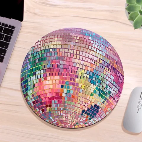 Alfombrilla de ratón redonda de goma con diseño de bola de discoteca rosa, alfombrilla de escritorio para ordenador portátil, hermosos accesorios de escritorio, alfombrilla ideal para novias 1