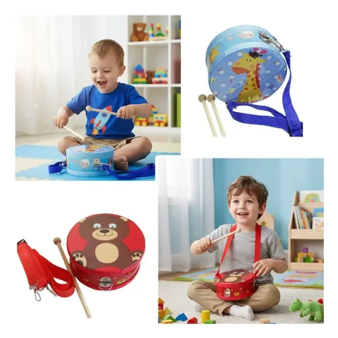Tambor de Percusión de Madera con Diseño de Animales de Doble Cara, Juguete de Tambor para Niños con Baquetas y Correa de Transporte