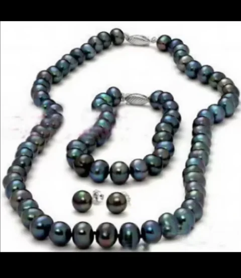 Envío Gratis joyería 8-9mm Real negro perla cierre collar pulsera pendientes conjunto