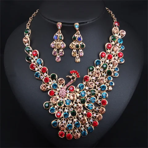 Hermosas colores cristal pavo real floración Collar pendiente boda conjunto de joyería de lujo regalo de banquete nupcial de moda