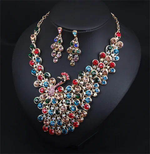 Hermosas colores cristal pavo real floración Collar pendiente boda conjunto de joyería de lujo regalo de banquete nupcial de moda