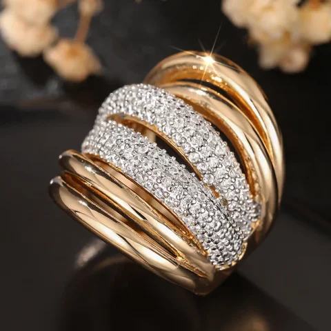 Anillo de Estilo Palaciego Bicolor Europeo y Americano, Joyería de Alta Gama con Incrustaciones de Circonio para Mujer, Adorno para la Cabeza 5
