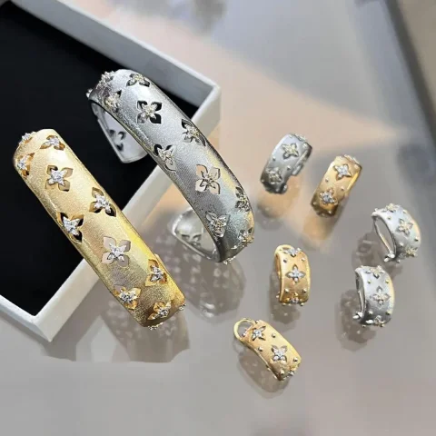 Anillo italiano hecho a mano estilo palaciego cepillado, tela artesanal de dos tonos, pendientes chapados en oro Real, collar, pulsera para mujer 3