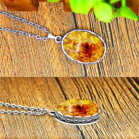 Conjunto de joyas clásicas de amberos sintéticos para mujer, Collar chapado en plata antigua, pendientes, anillo con forma de ojo, conjunto de moda