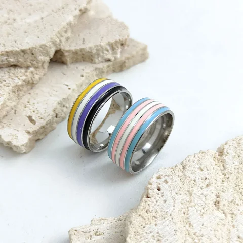 Anillo elegante y encantador de acero inoxidable chapado en oro para hombre, anillo simple esmaltado de arcoíris para mujer, joyería para fiesta y boda